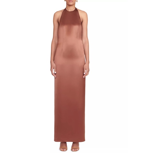 NWT STAUD Clove BROWN Janet HALTER Open Back SATIN Slip MAXI DRESS 12 - Picture 15 of 15